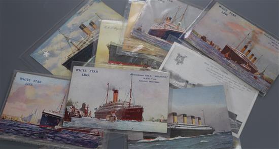 A collection of 20 White Star Line postcards, three depicting TSS Titanic, two TSS Olympic and other related photographs
